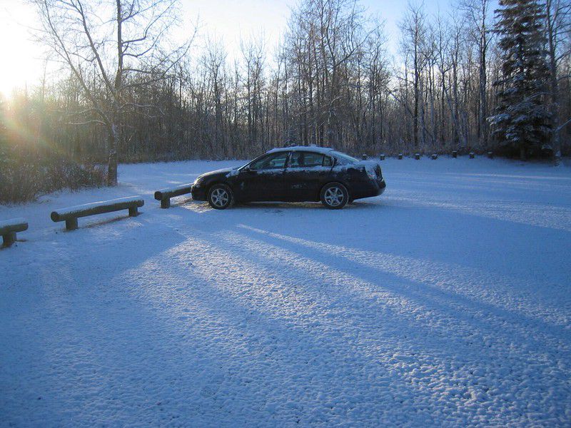 Parked in a freshly-snowed-on lot at the Waskahegan Staging Area