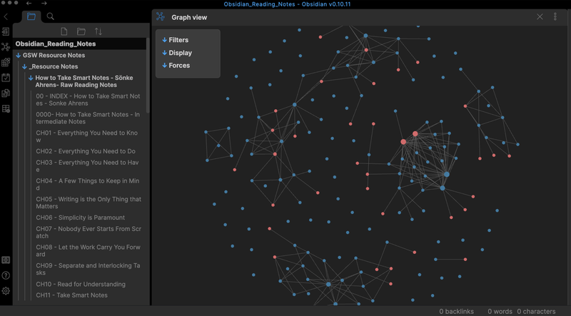 Obsidian with the "Graph view" displayed. Each "dot" on the graph represents a note and the lines between notes represents a link them.